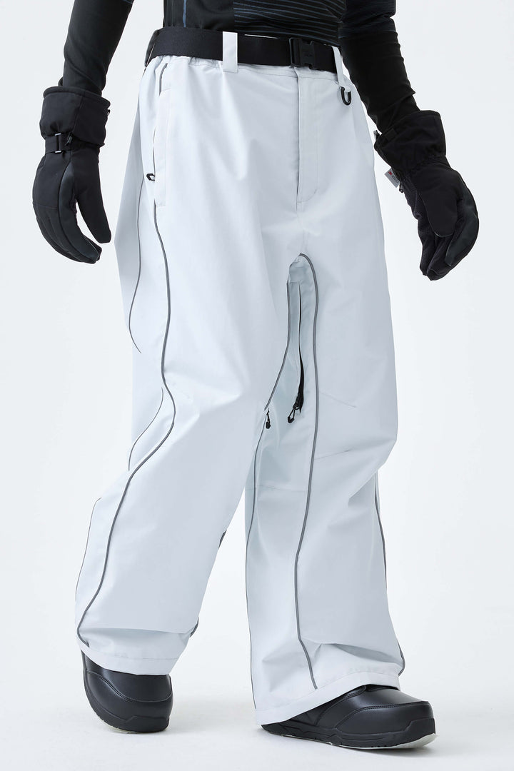 Men's Light Gray Reflective Side-Piping Baggy Snow Pants