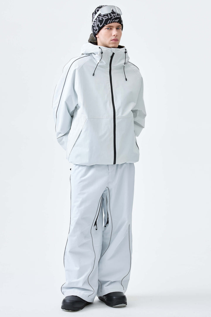 Men's Light Gray Reflective Side-Piping Baggy Snow Pants