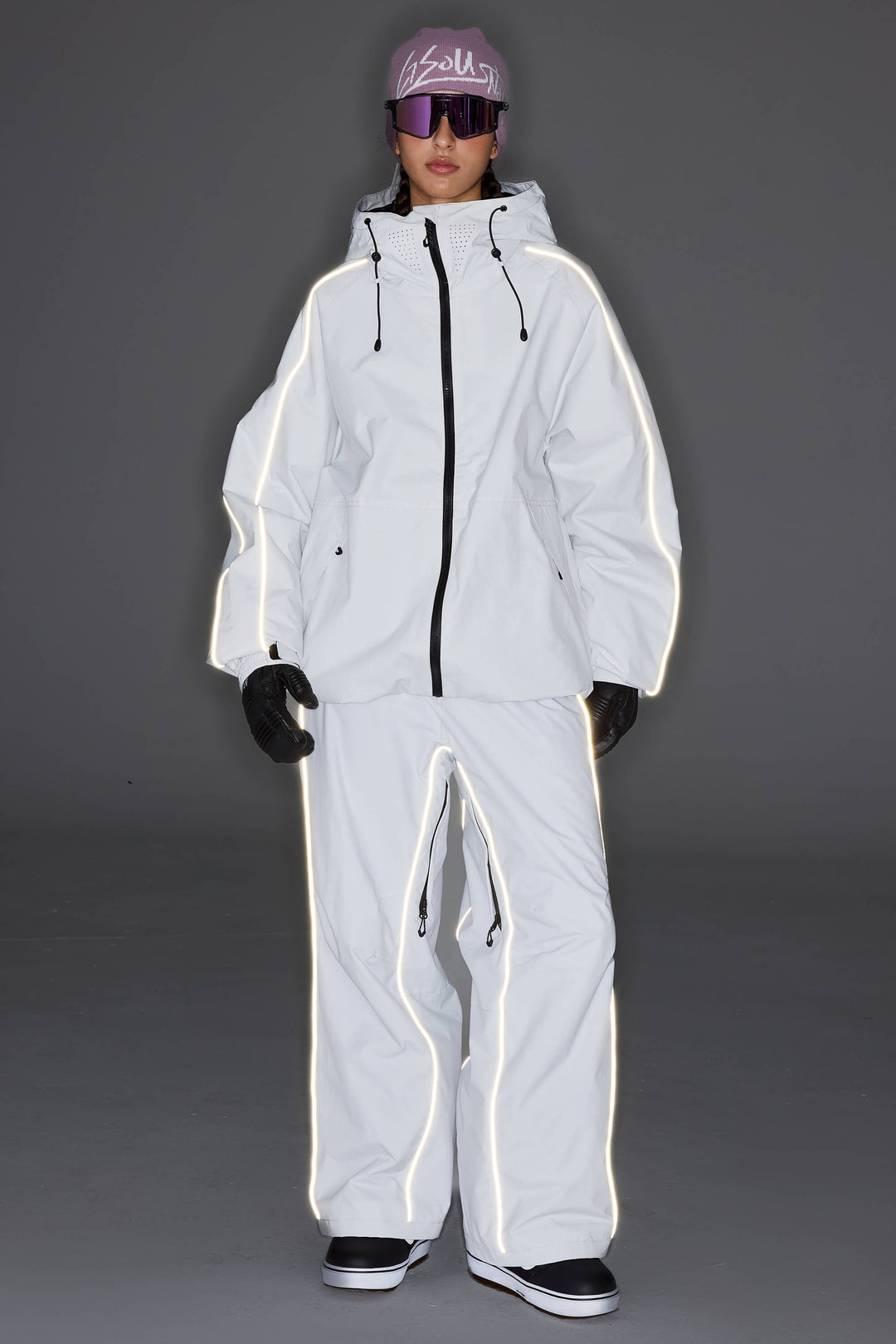 Men's Light Gray Reflective Side-Piping Baggy Snow Pants