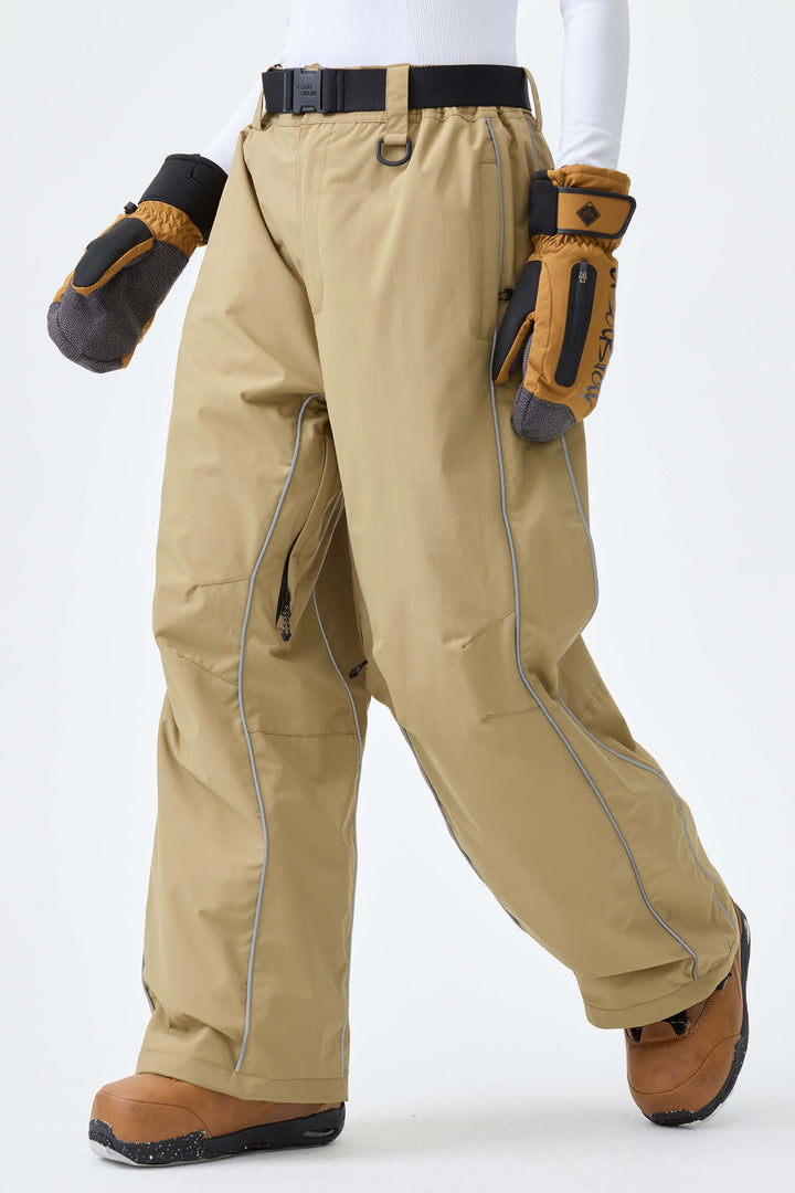 Women's Khaki Reflective Side-Piping Baggy Snow Pants