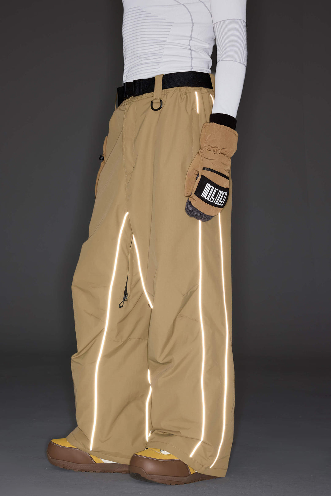 Women's Khaki Reflective Side-Piping Baggy Snow Pants