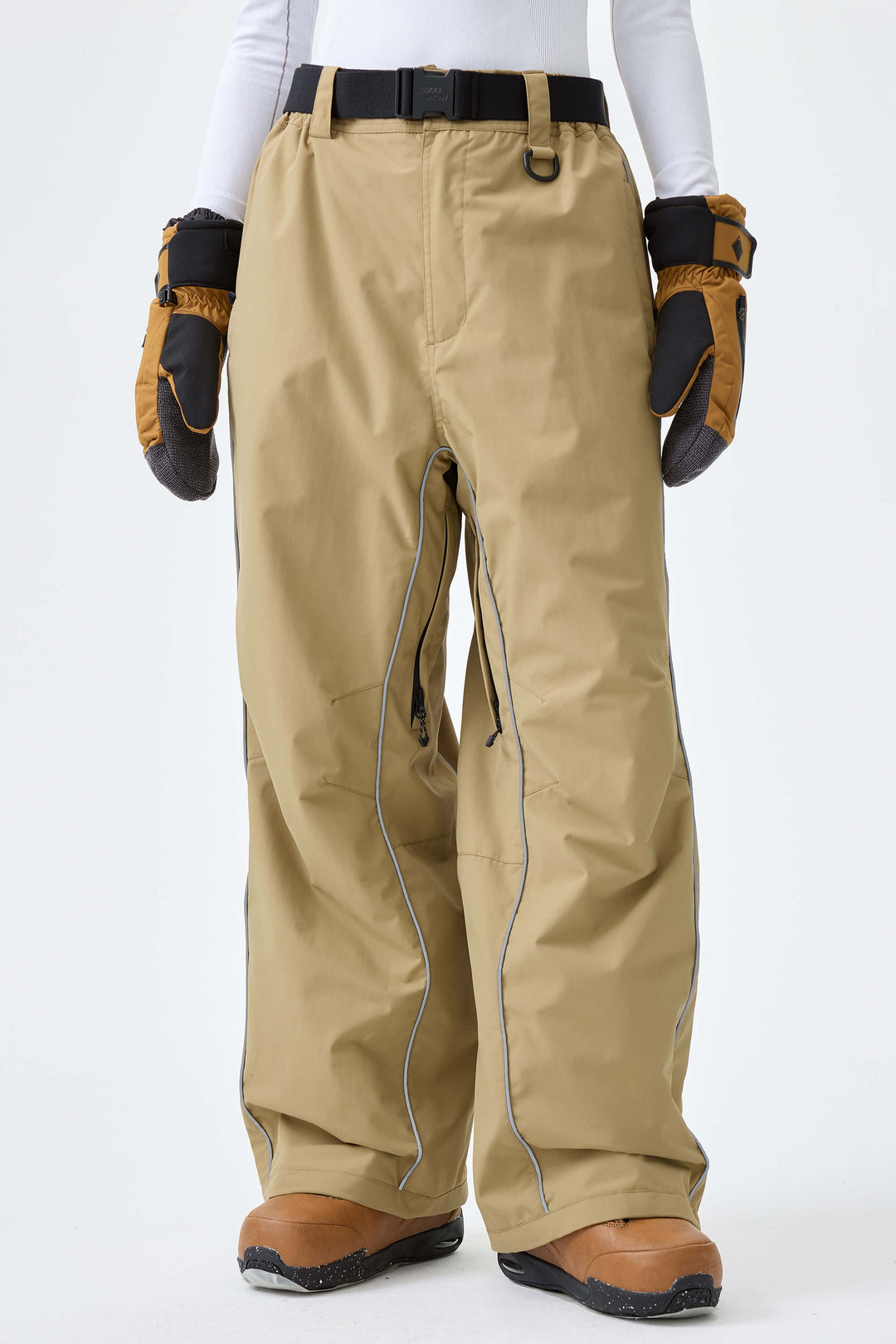 Women's Khaki Reflective Side-Piping Baggy Snow Pants