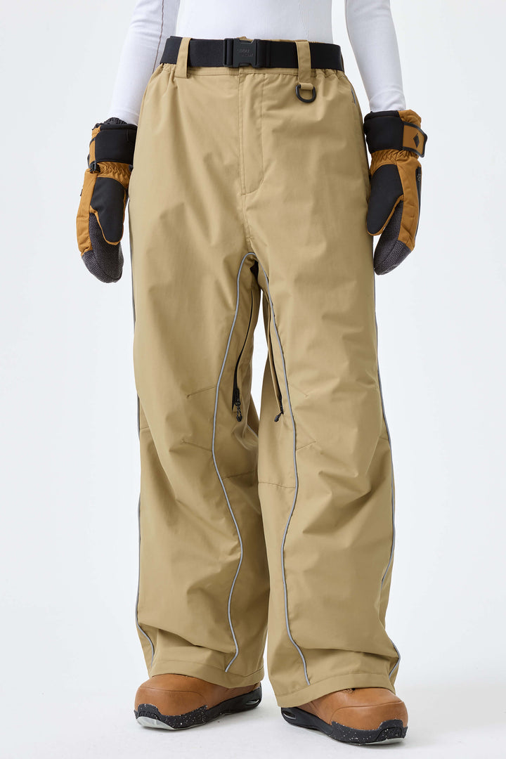 Women's Khaki Reflective Side-Piping Baggy Snow Pants