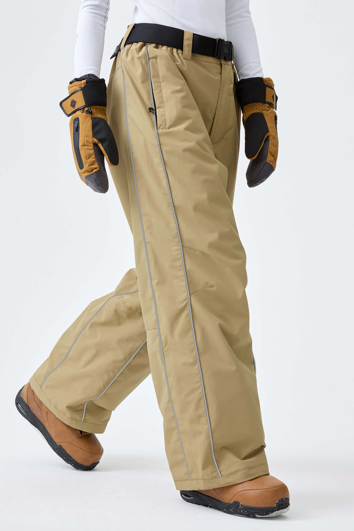 Women's Khaki Reflective Side-Piping Baggy Snow Pants
