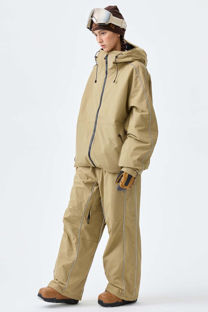 Women's Khaki Reflective Side-Piping Baggy Snow Pants