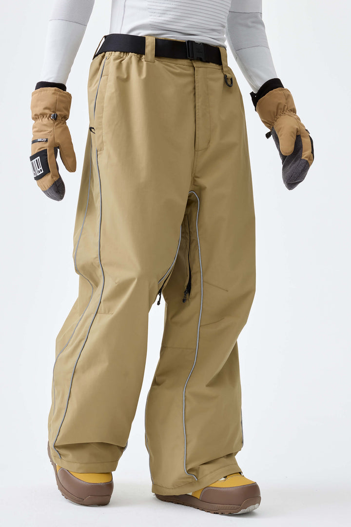 Men's Dark Brown Reflective Side-Piping Baggy Snow Pants