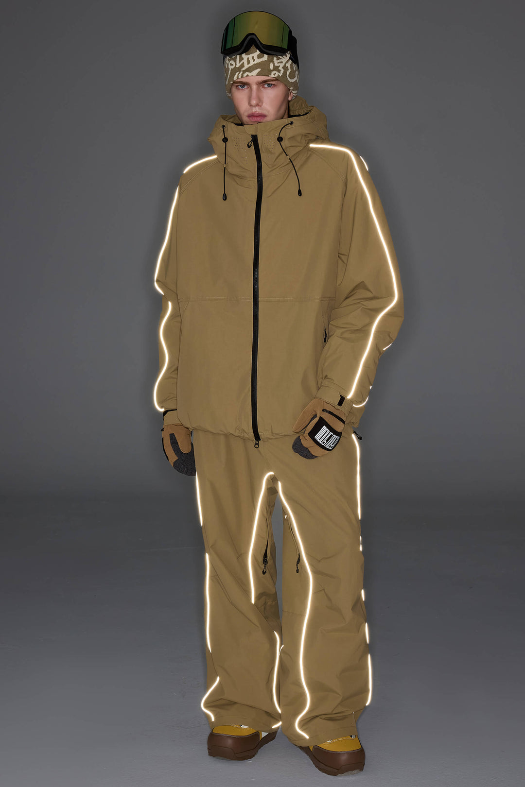 Men's Khaki Reflective Side-Piping Baggy Snow Pants