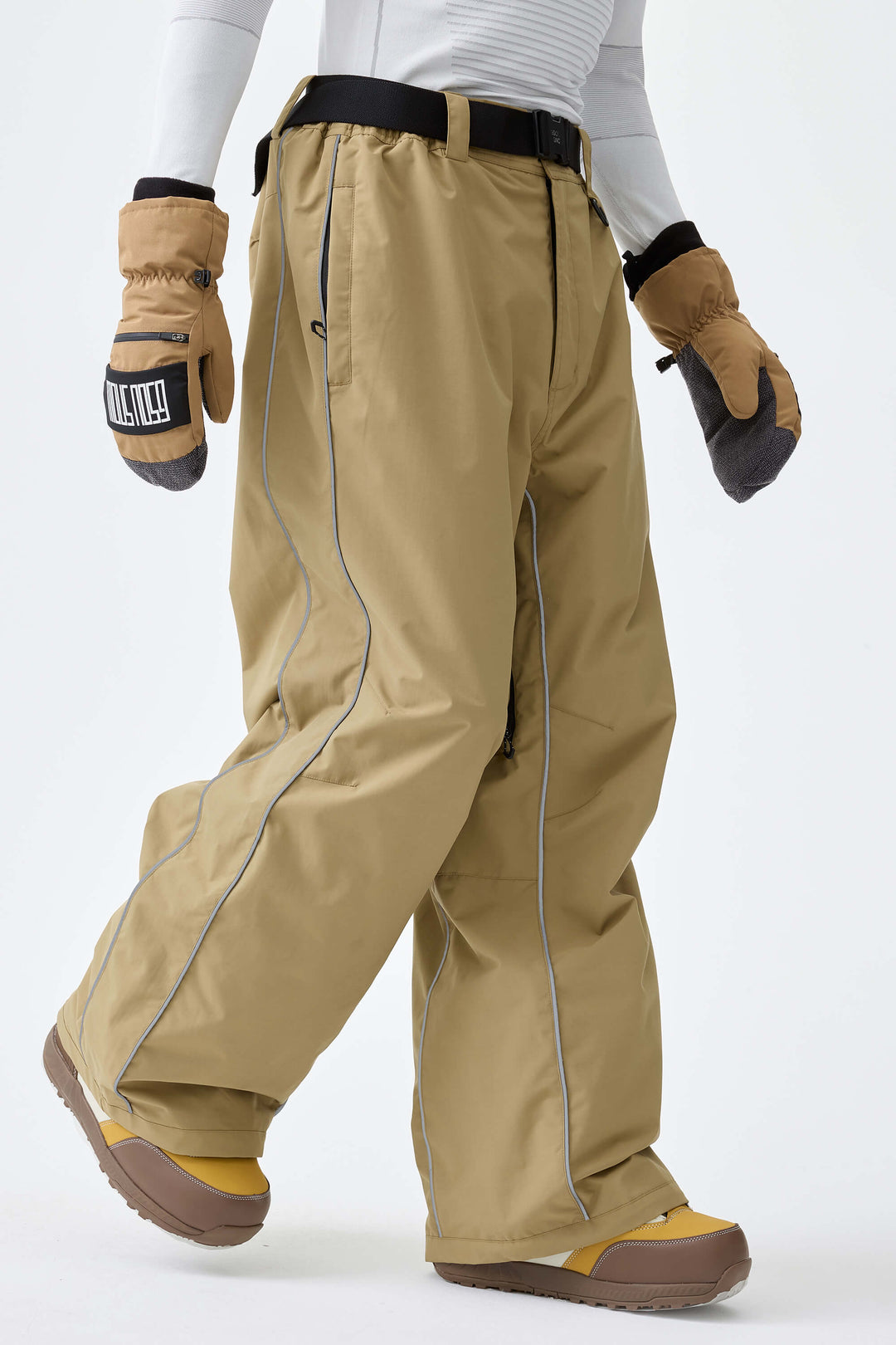 Men's Khaki Reflective Side-Piping Baggy Snow Pants