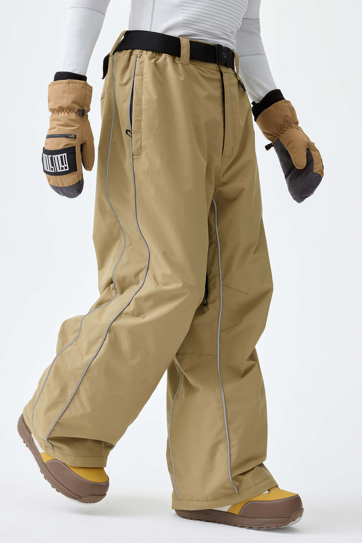 Men's Khaki Reflective Side-Piping Baggy Snow Pants