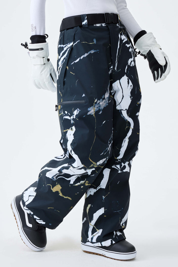 Women's Black Marble Eco Utility Baggy Snow Pants
