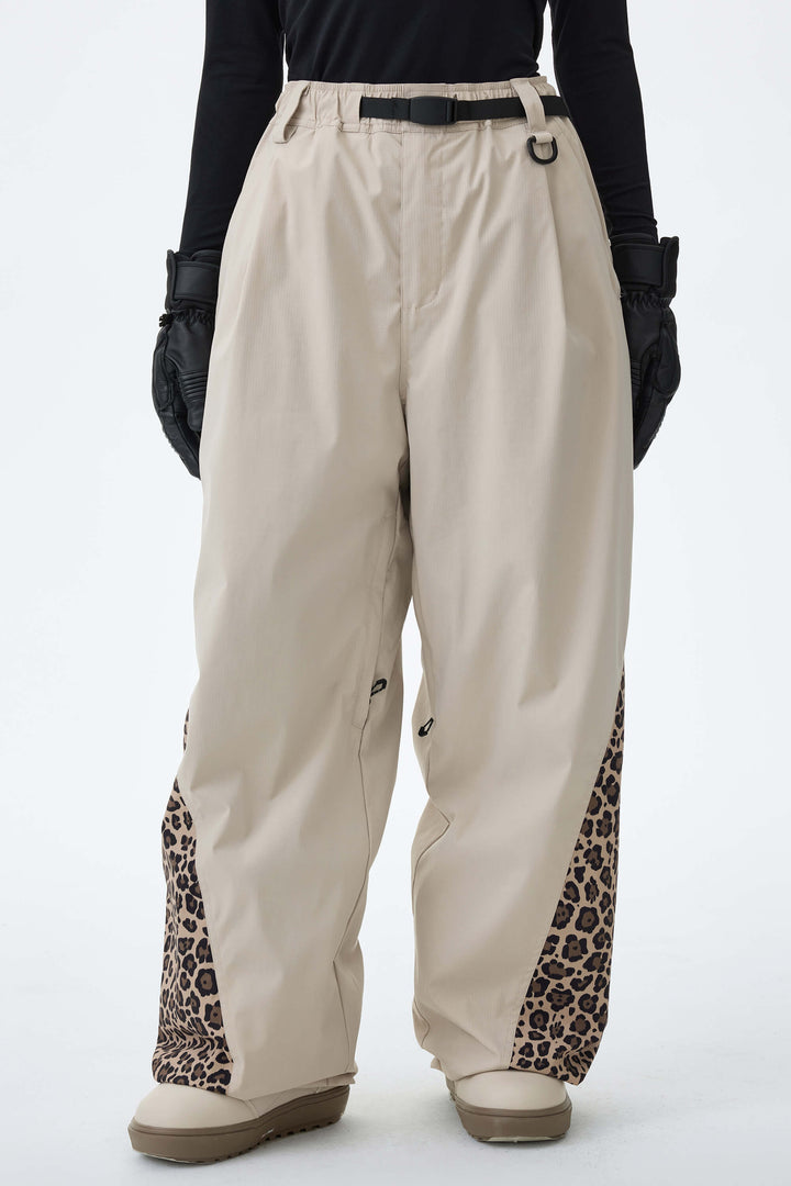 Women's Oat Milk & Leopard Contrast-Panel Baggy Snow Pants