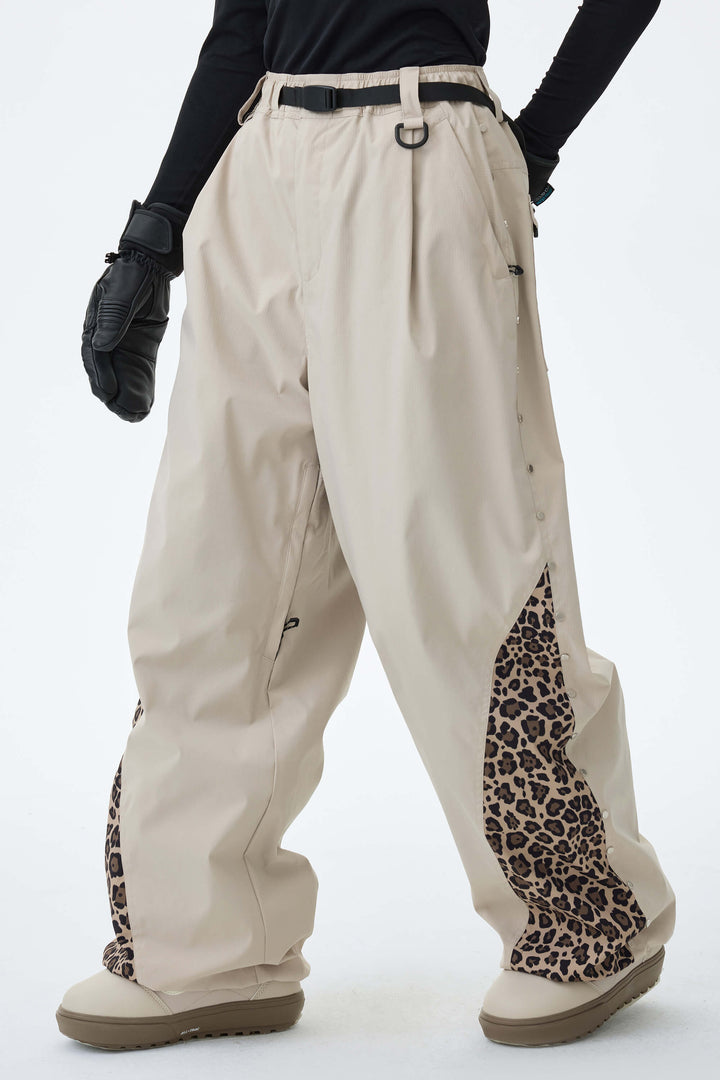 Women's Oat Milk & Leopard Contrast-Panel Baggy Snow Pants
