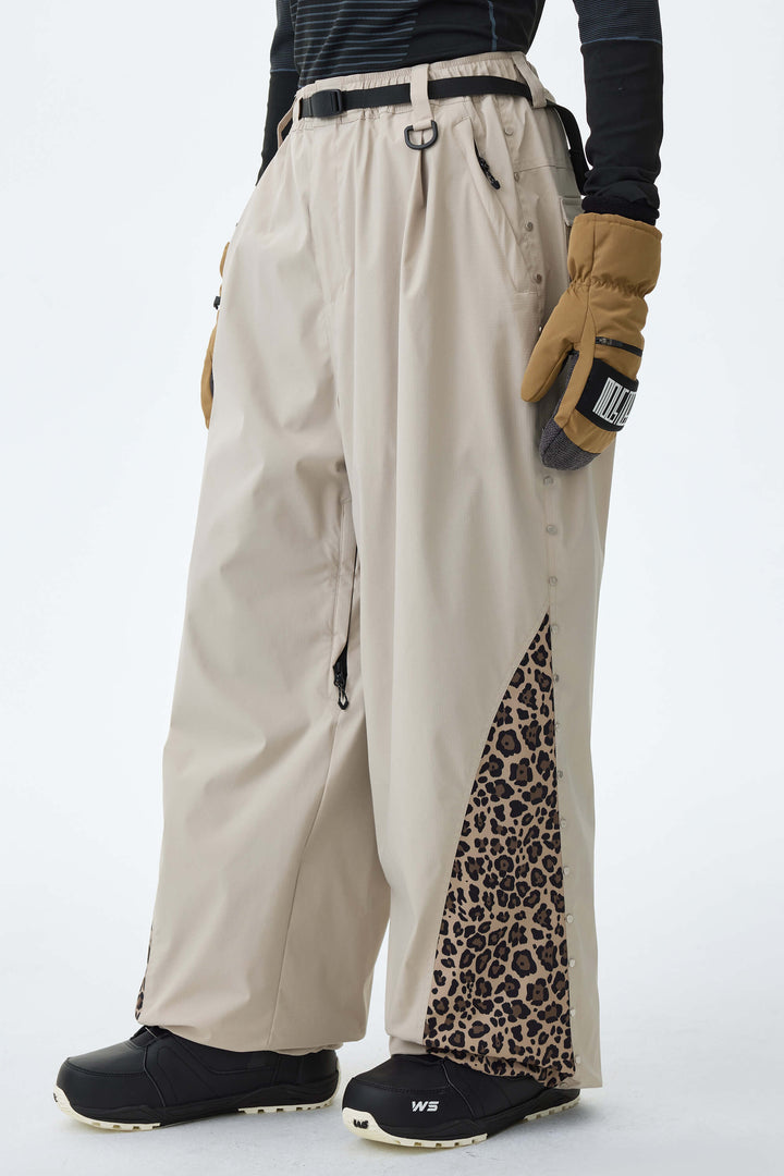 Men's Oat Milk & Leopard Contrast-Panel Baggy Snow Pants