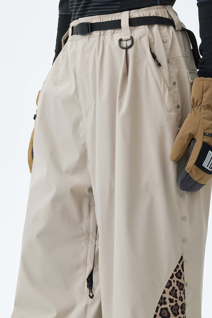 Men's Oat Milk & Leopard Contrast-Panel Baggy Snow Pants