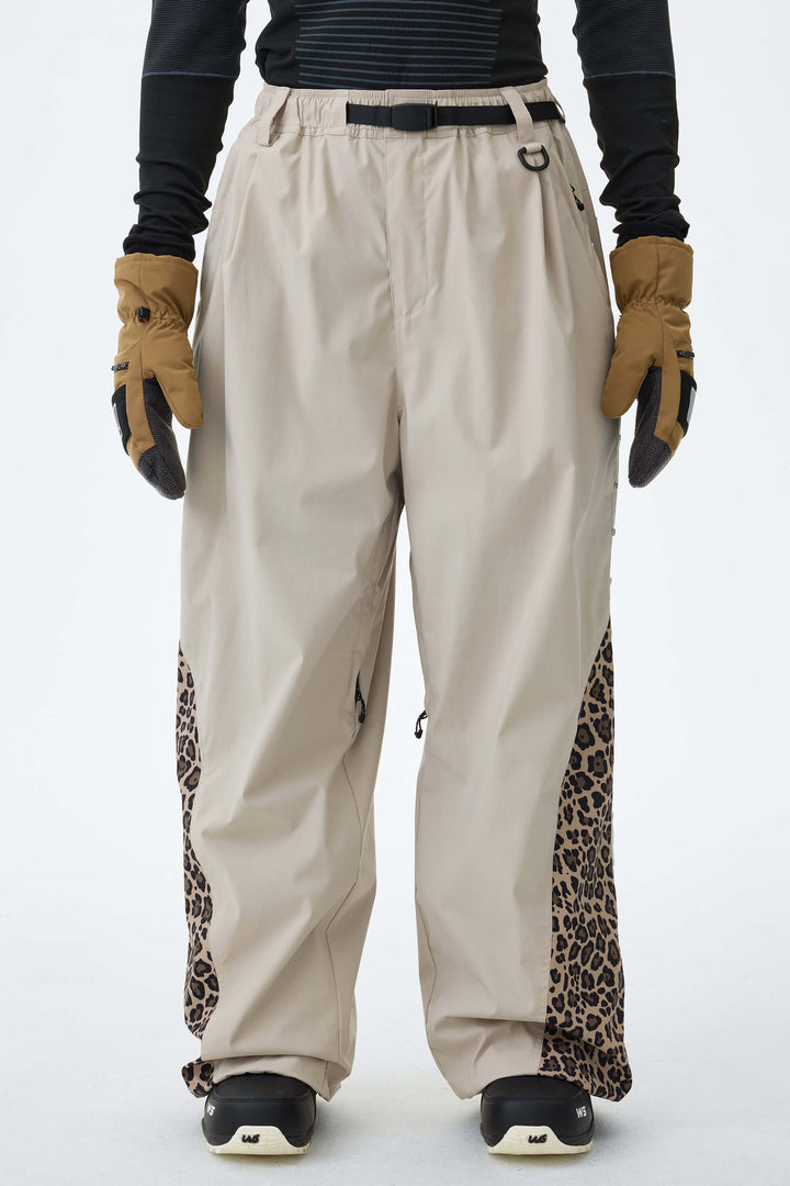 Men's Oat Milk & Leopard Contrast-Panel Baggy Snow Pants
