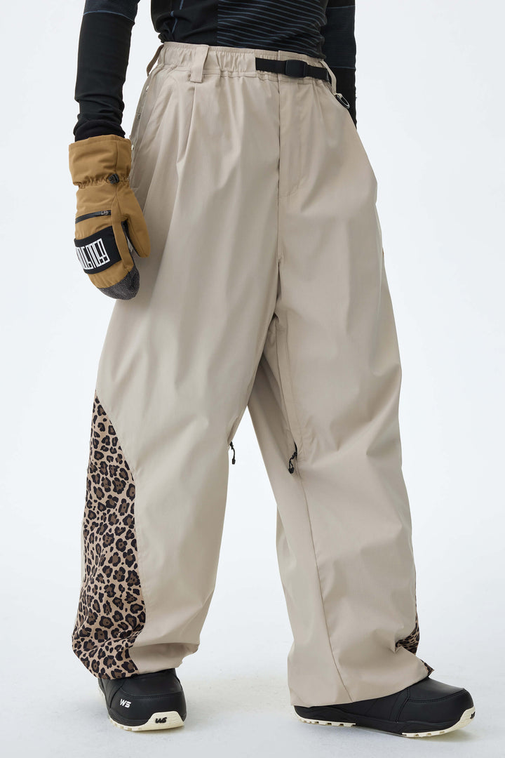 Men's Oat Milk & Leopard Contrast-Panel Baggy Snow Pants