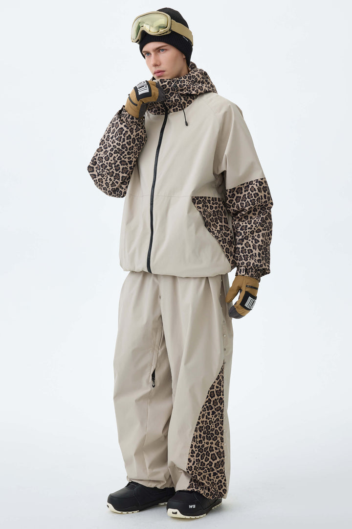 Men's Oat Milk & Leopard Contrast-Panel Baggy Snow Pants