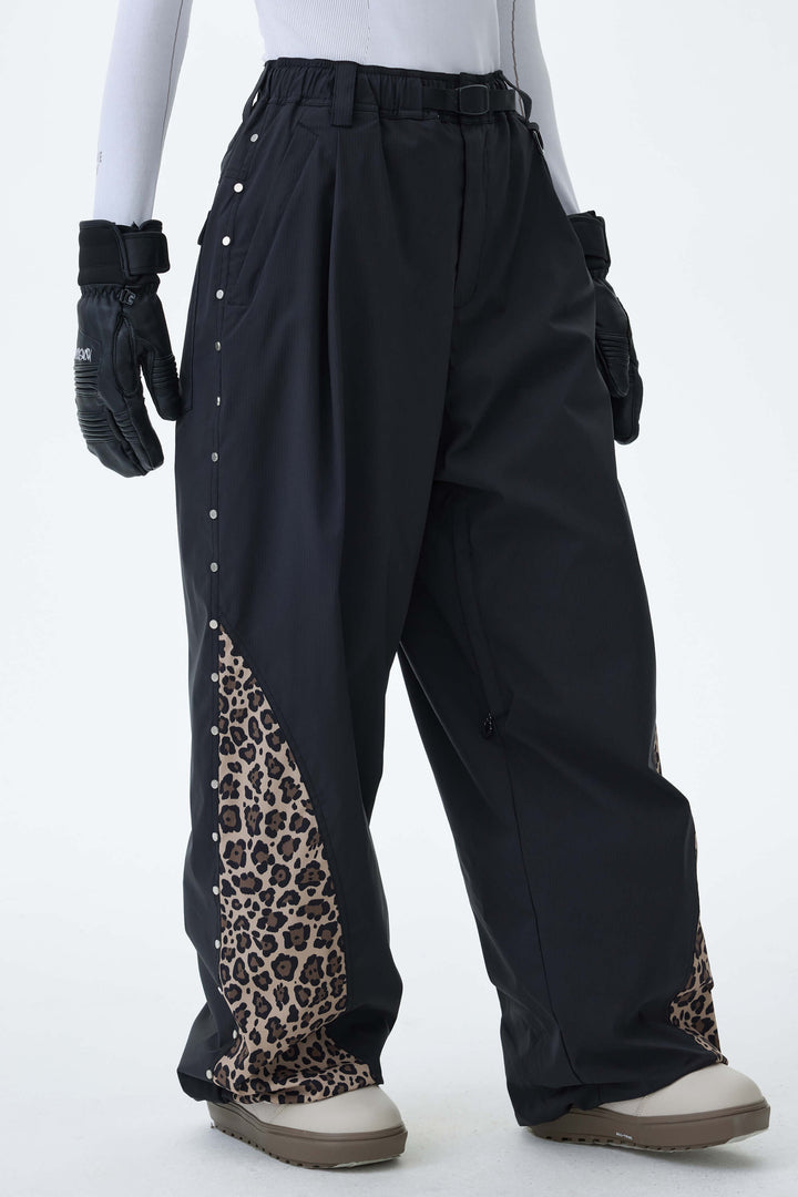 Women's Oat Milk & Leopard Contrast-Panel Baggy Snow Pants
