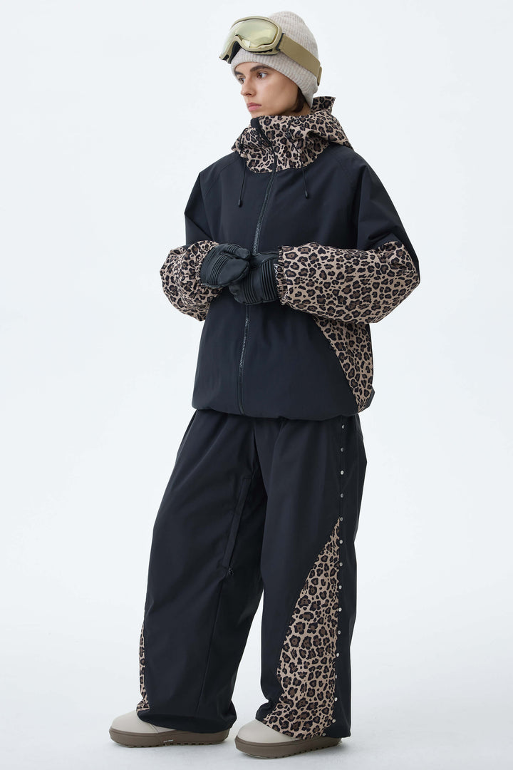 Women's Black & Leopard Contrast-Panel Baggy Snow Pants