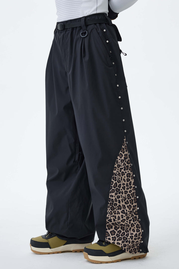 Men's Oat Milk & Leopard Contrast-Panel Baggy Snow Pants