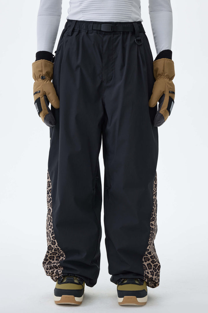 Men's Black & Leopard Contrast-Panel Baggy Snow Pants