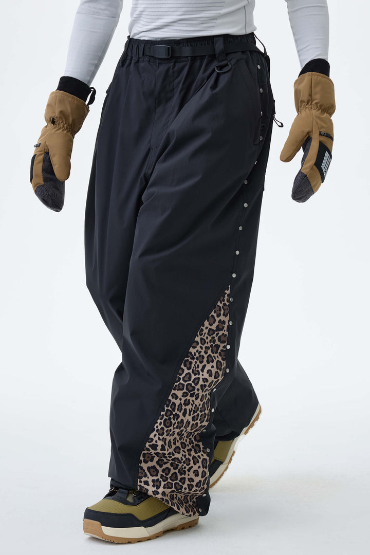 Men's Oat Milk & Leopard Contrast-Panel Baggy Snow Pants