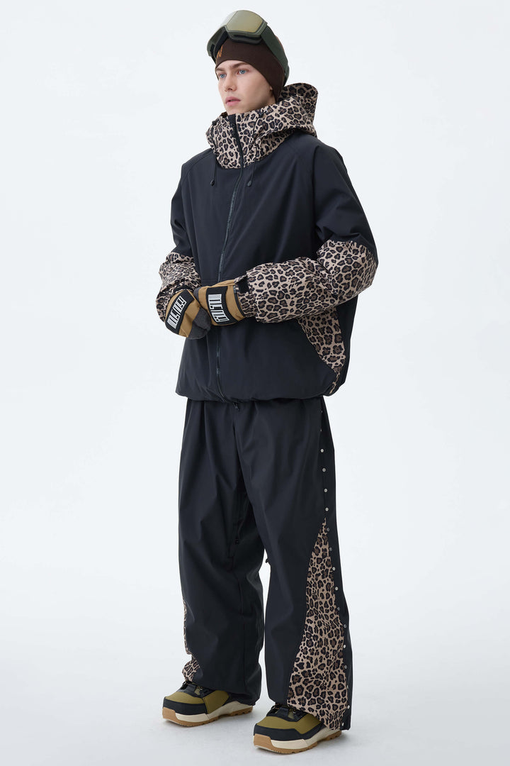 Men's Black & Leopard Contrast-Panel Baggy Snow Pants