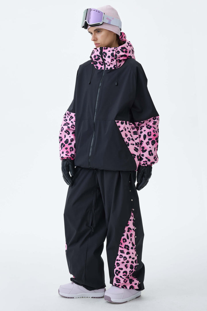 Women's Black & Pink Leopard Contrast-Panel Baggy Snow Pants
