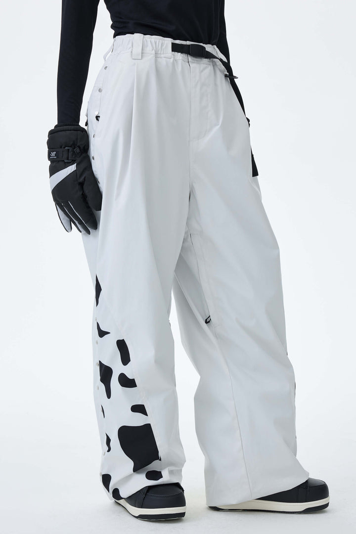 Women's Cow Print Contrast-Panel Baggy Snow Pants