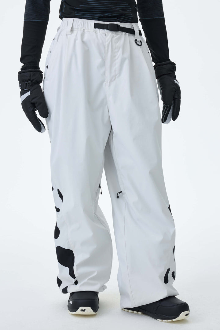 Men's Cow Print Contrast-Panel Baggy Snow Pants