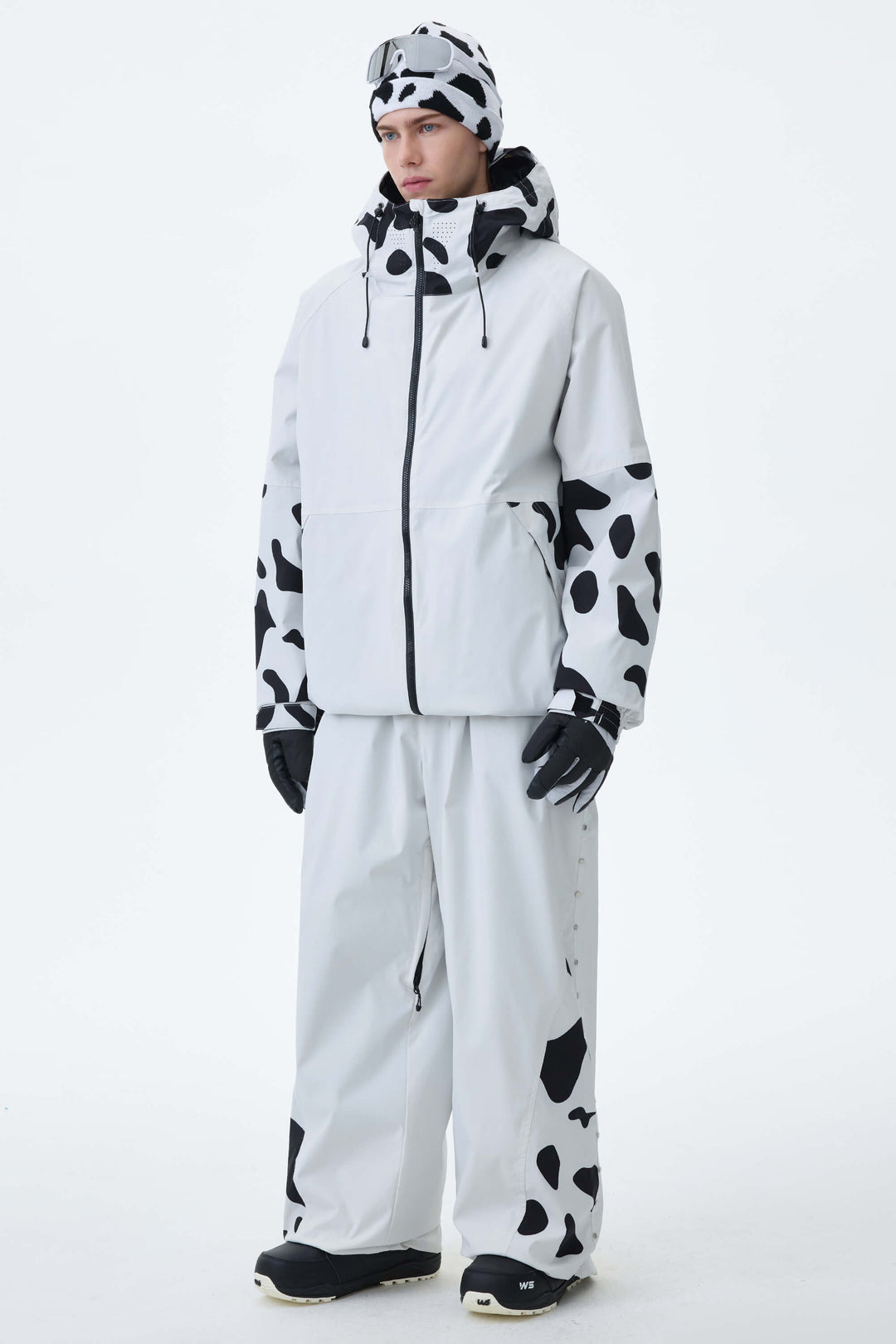 Men's Cow Print Contrast-Panel Baggy Snow Pants