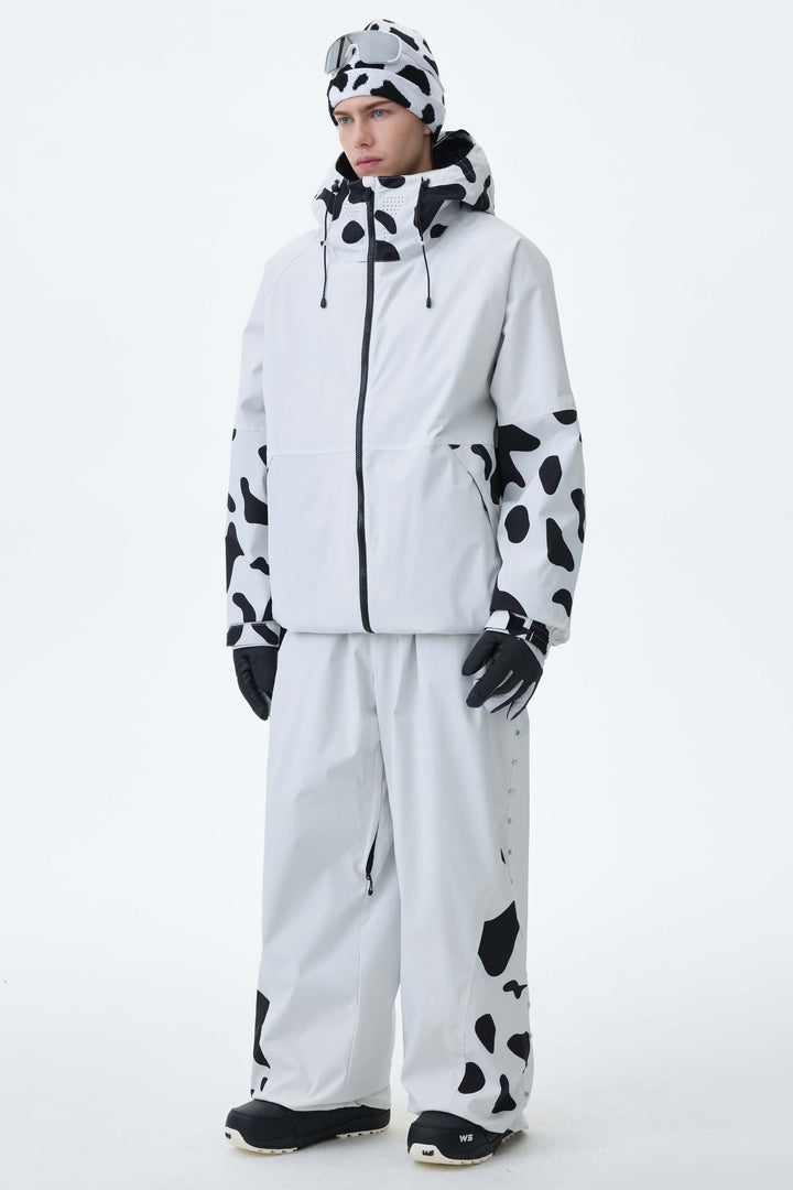 Men's Cow Print Contrast-Panel Baggy Snow Pants