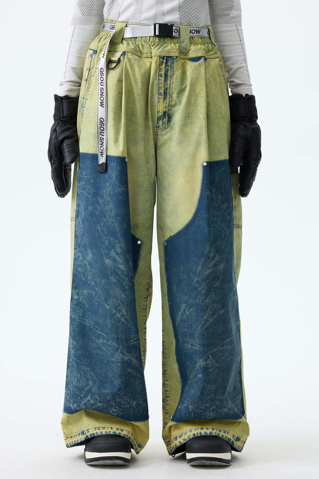Women's Bleached Indigo Vintage Denim-Print Baggy Snowboard Pants