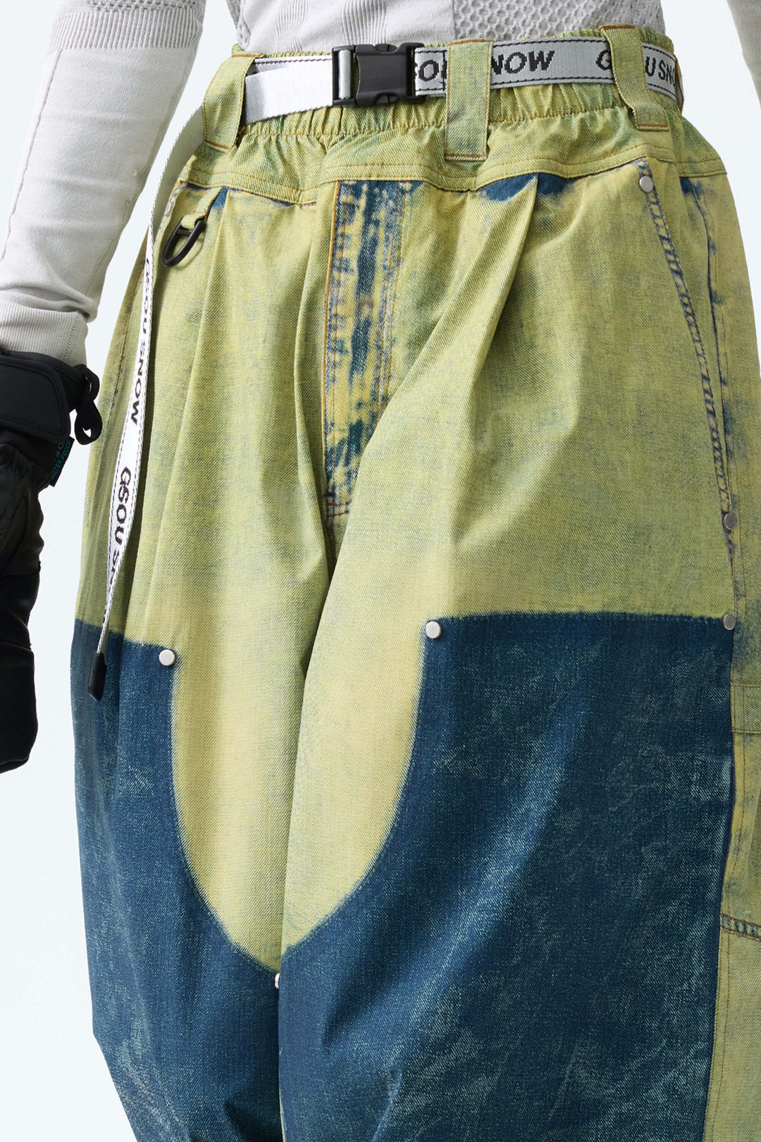 Women's Acid Lime Vintage Denim-Print Baggy Snowboard Pants