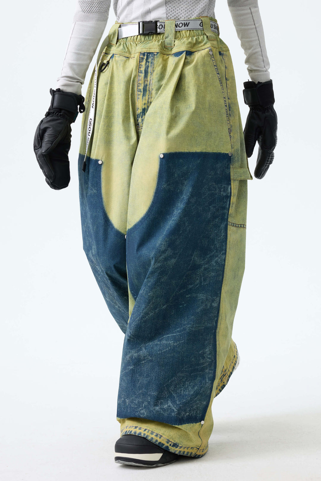 Women's Acid Lime Vintage Denim-Print Baggy Snowboard Pants