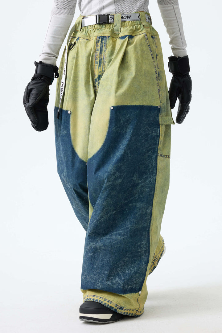 Women's Acid Lime Vintage Denim-Print Baggy Snowboard Pants