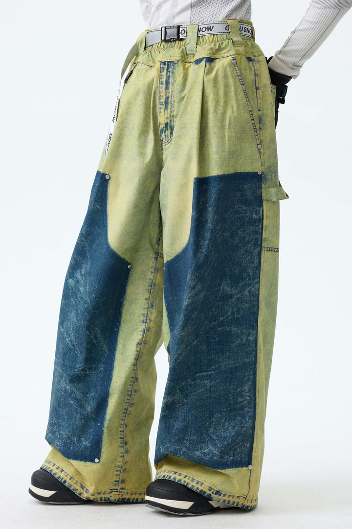 Women's Bleached Indigo Vintage Denim-Print Baggy Snowboard Pants