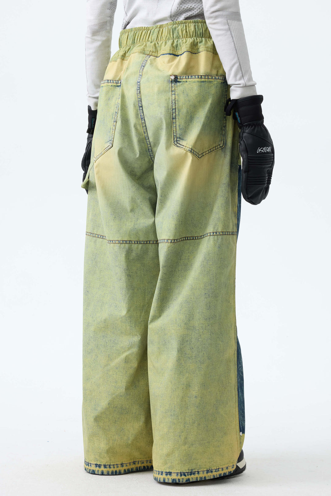 Women's Acid Lime Vintage Denim-Print Baggy Snowboard Pants