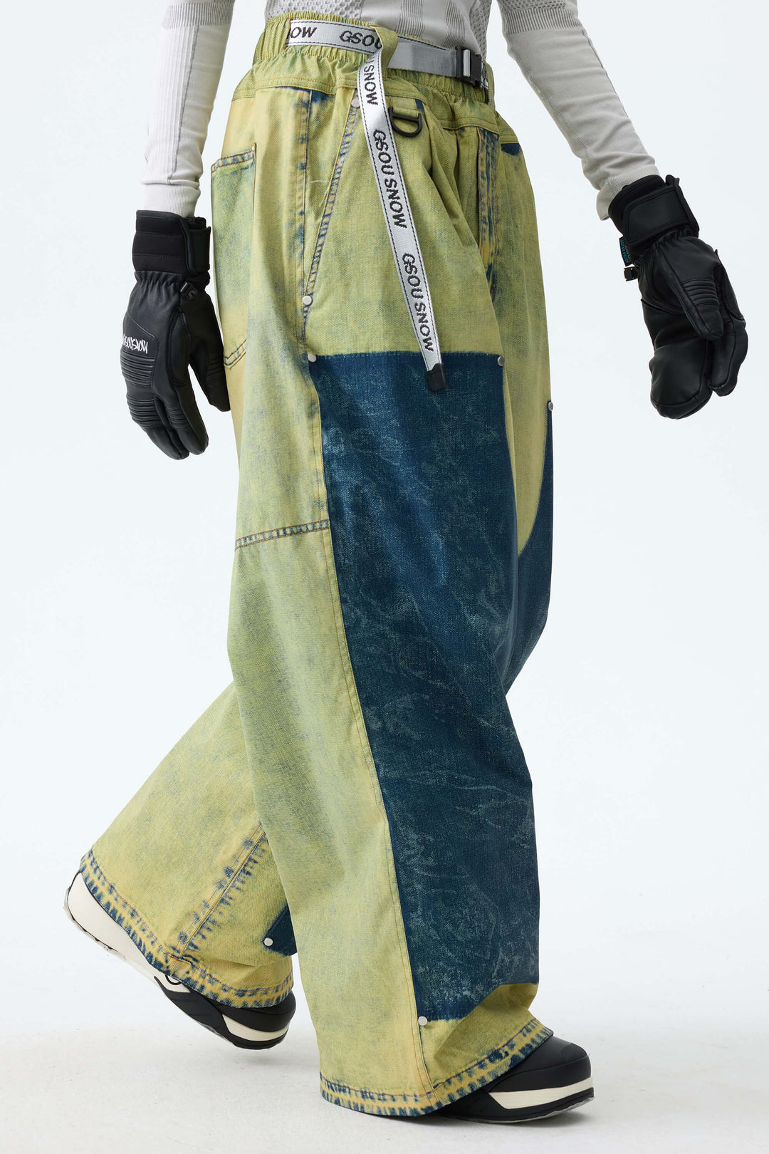 Women's Acid Lime Vintage Denim-Print Baggy Snowboard Pants