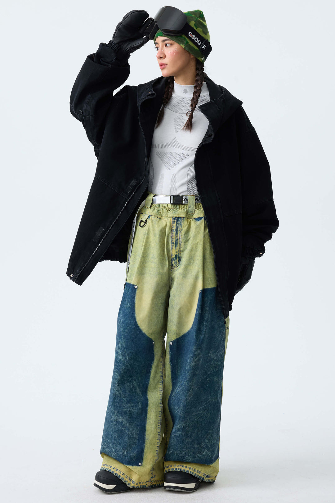 Women's Bleached Indigo Vintage Denim-Print Baggy Snowboard Pants