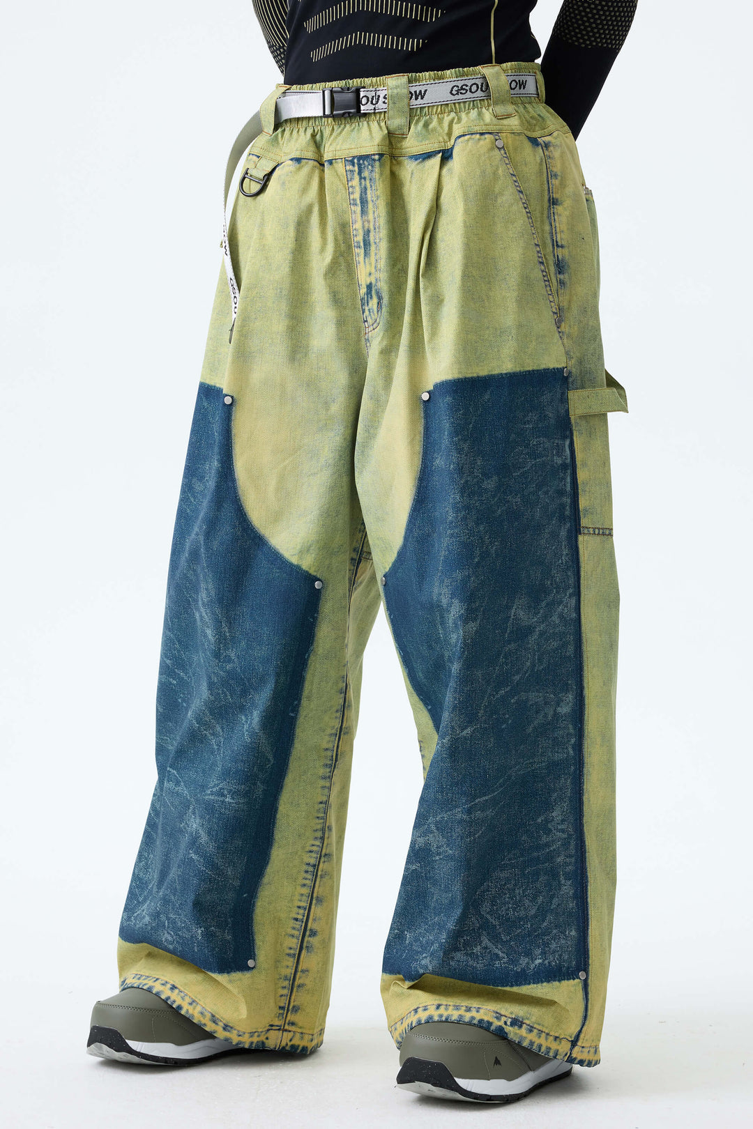 Men's Bleached Indigo Vintage Denim-Print Baggy Snowboard Pants