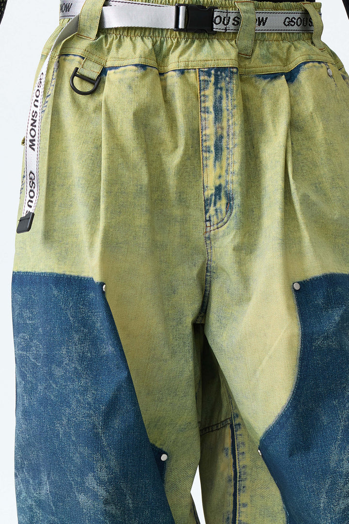 Men's Acid Lime Vintage Denim-Print Baggy Snowboard Pants