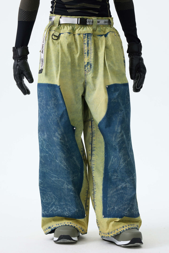 Men's Bleached Indigo Vintage Denim-Print Baggy Snowboard Pants