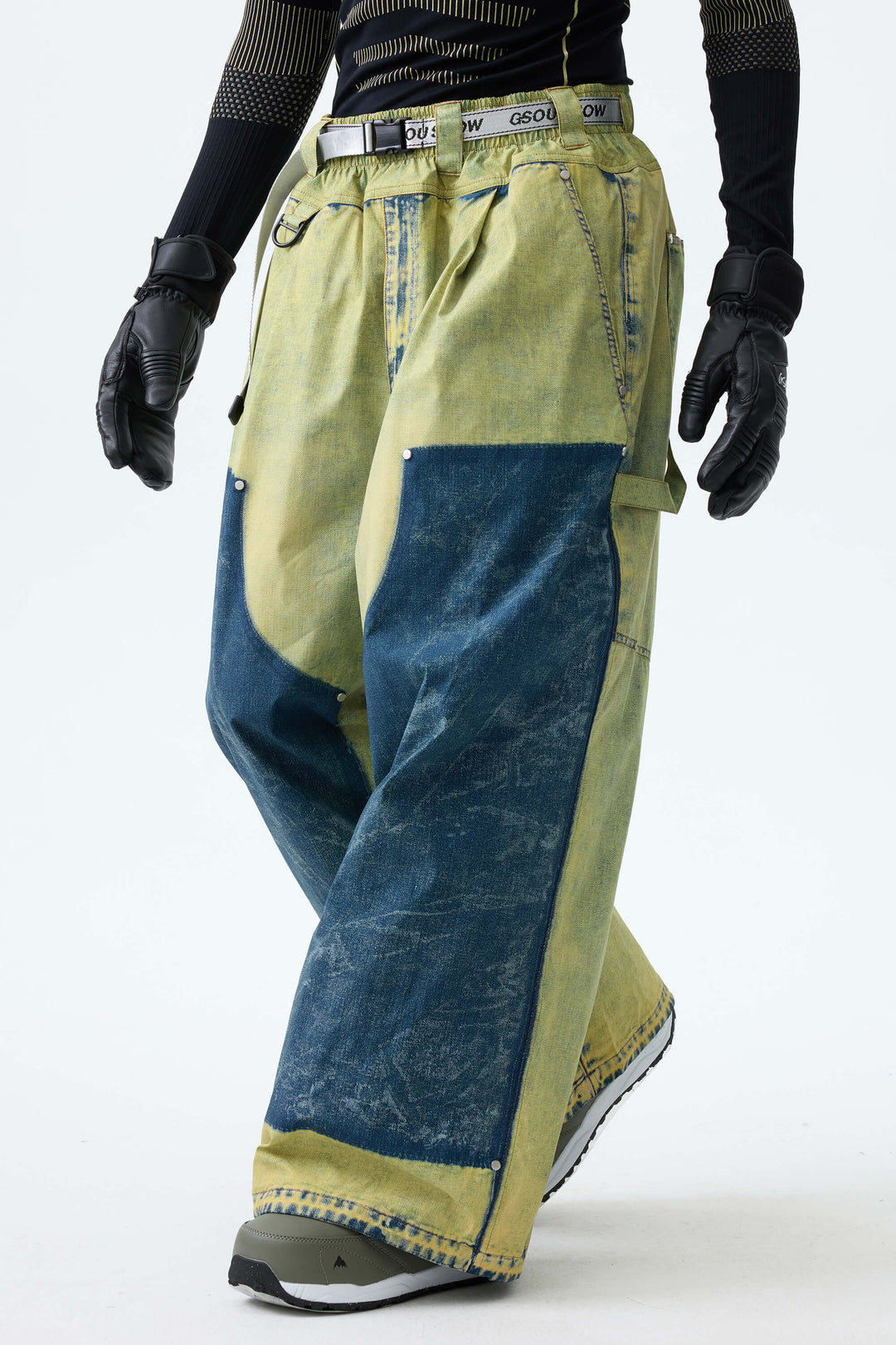 Men's Acid Lime Vintage Denim-Print Baggy Snowboard Pants