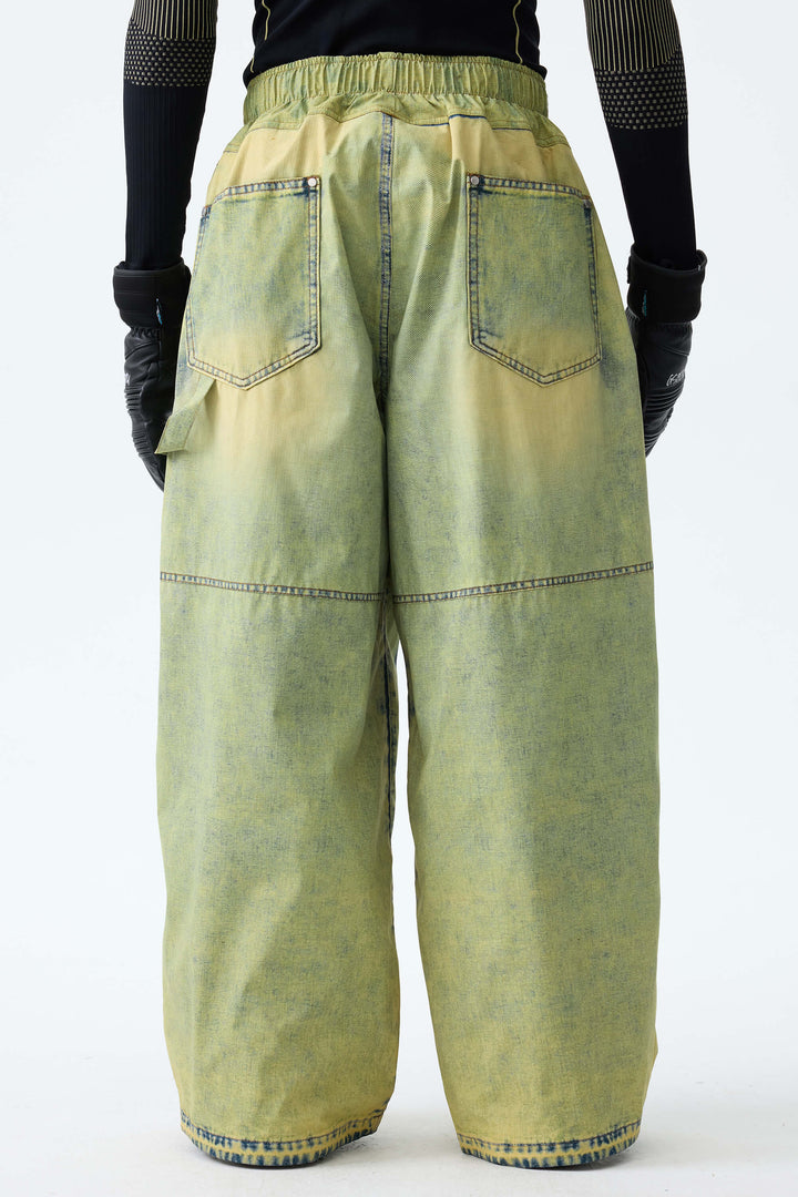 Men's Acid Lime Vintage Denim-Print Baggy Snowboard Pants