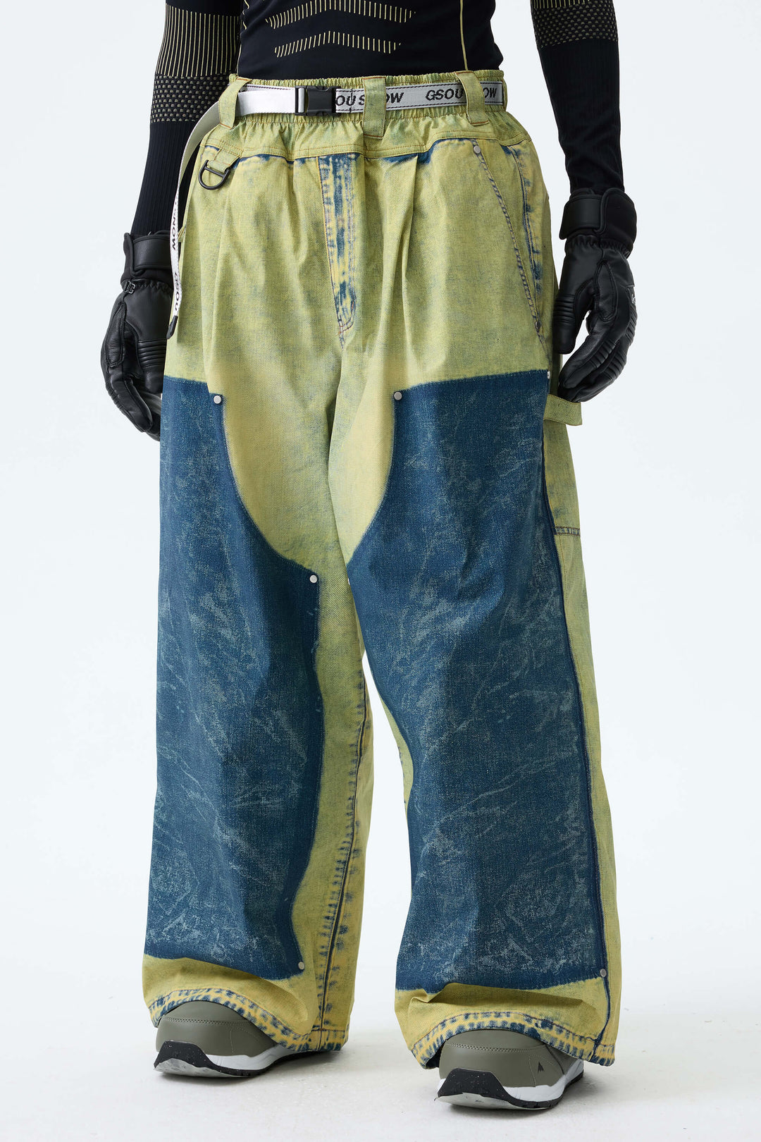 Men's Acid Lime Vintage Denim-Print Baggy Snowboard Pants