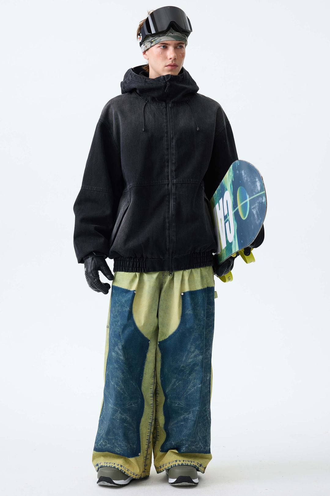 Men's Bleached Indigo Vintage Denim-Print Baggy Snowboard Pants