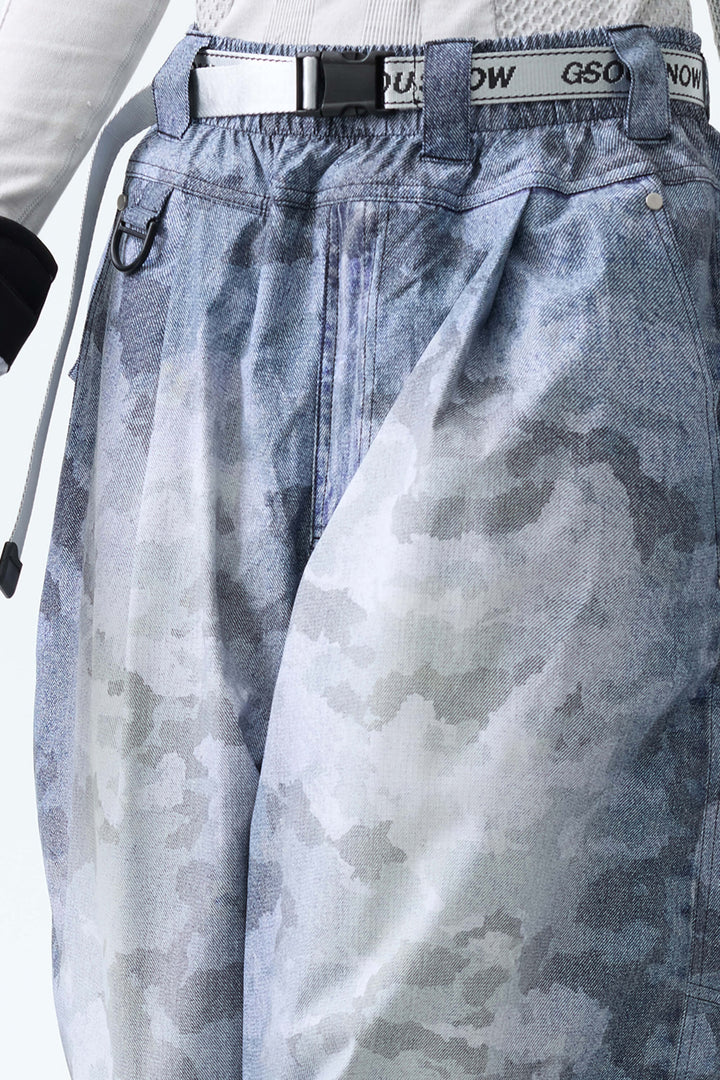 Women's Washed Blue Camo Vintage Denim-Print Baggy Snowboard Pants