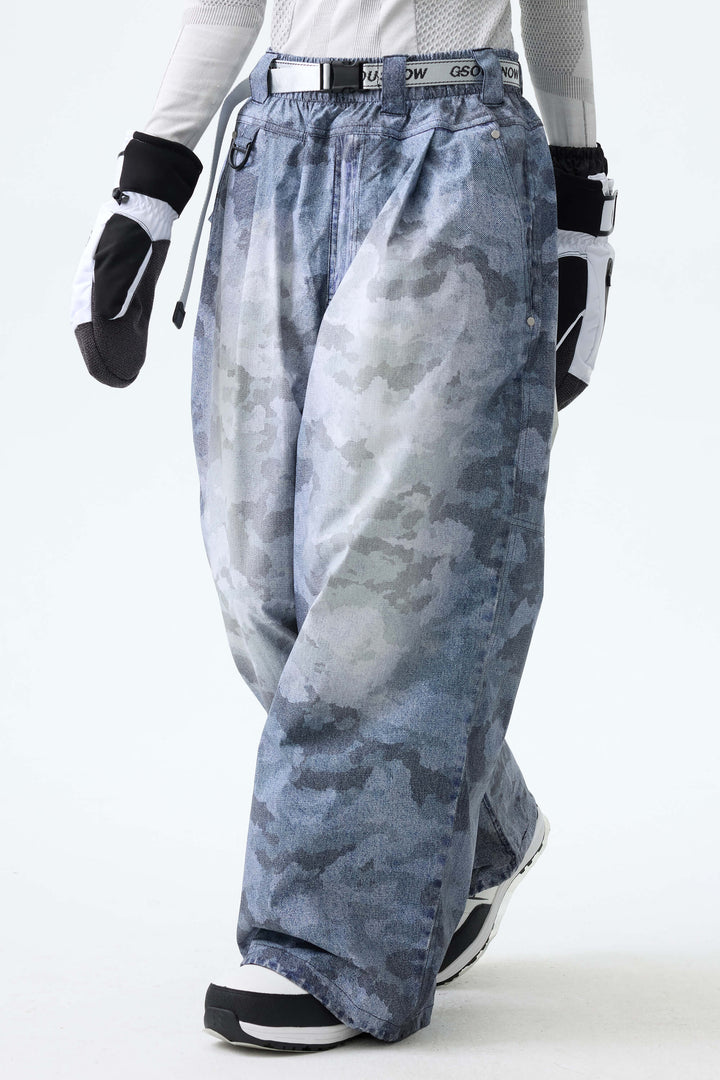 Women's Washed Blue Camo Vintage Denim-Print Baggy Snowboard Pants