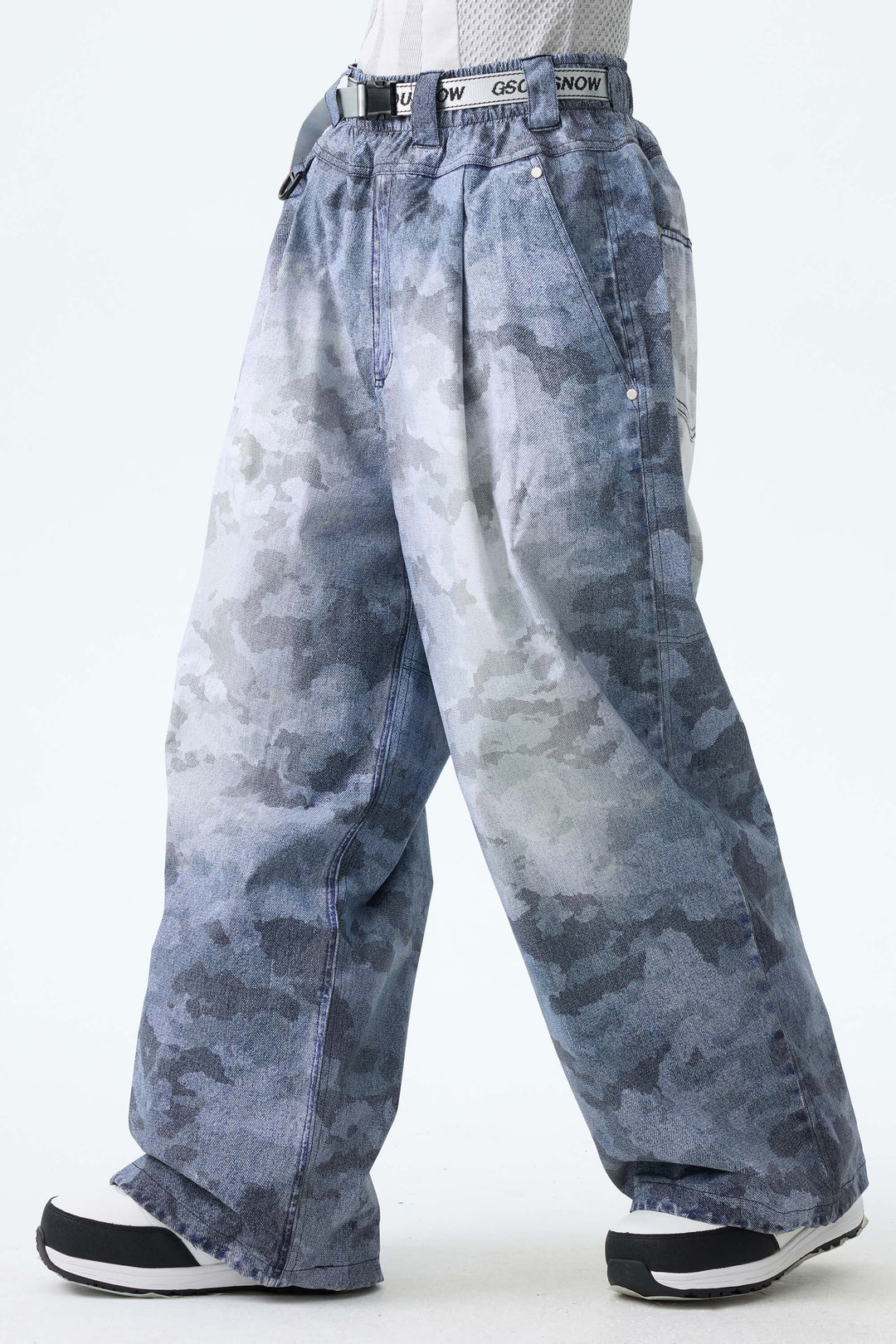 Women's Distressed Black Vintage Denim-Print Baggy Snowboard Pants